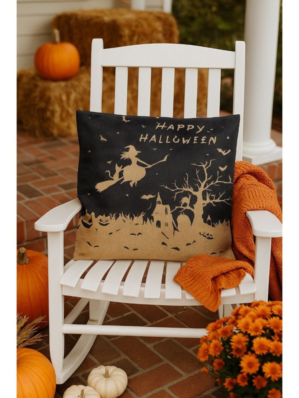 Halloween Burlap Pillow Cover 12x12 Witch Ghost Pumpkin Black Tan Spooky Decor